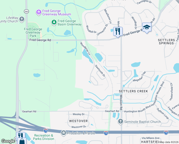 map of restaurants, bars, coffee shops, grocery stores, and more near 3370 Woodbriar Lane in Tallahassee