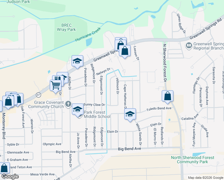 map of restaurants, bars, coffee shops, grocery stores, and more near 4058 Rocky Mountain Drive in Baton Rouge