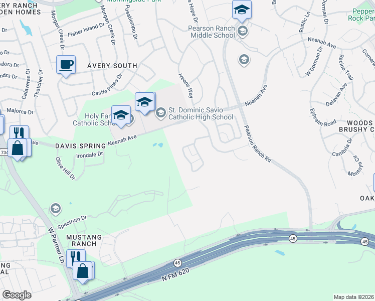 map of restaurants, bars, coffee shops, grocery stores, and more near 9306 McKnight Loop in Austin