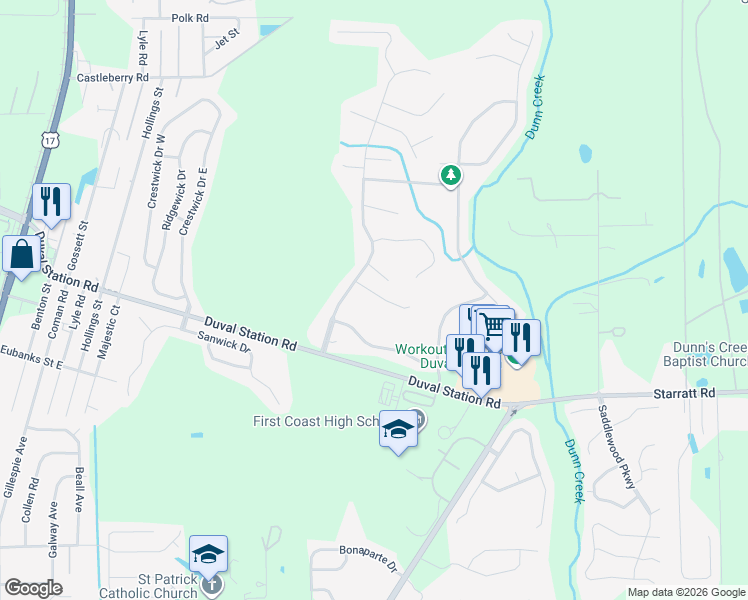 map of restaurants, bars, coffee shops, grocery stores, and more near 566 Misty Morning Court in Jacksonville