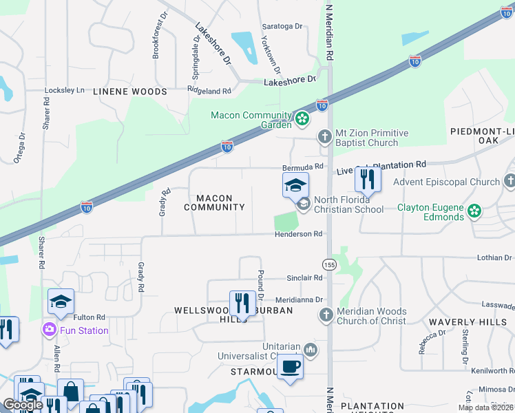 map of restaurants, bars, coffee shops, grocery stores, and more near 3061 Diddie Road in Tallahassee