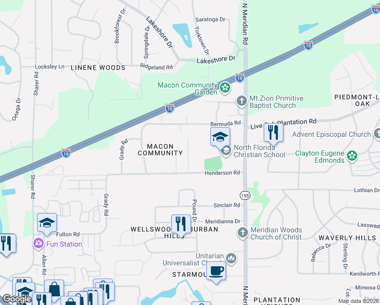 map of restaurants, bars, coffee shops, grocery stores, and more near 3061 Diddie Road in Tallahassee