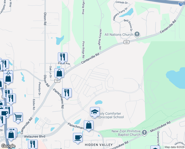 map of restaurants, bars, coffee shops, grocery stores, and more near 2801 Centerville Road in Tallahassee