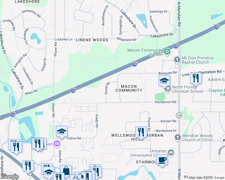 map of restaurants, bars, coffee shops, grocery stores, and more near 3016 Thomas Road in Tallahassee
