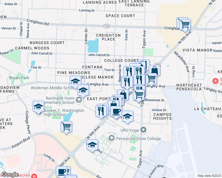 map of restaurants, bars, coffee shops, grocery stores, and more near 6221 Schwab Drive in Pensacola