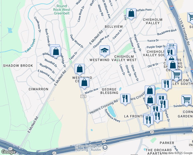 map of restaurants, bars, coffee shops, grocery stores, and more near 2502 Blessing Avenue in Round Rock