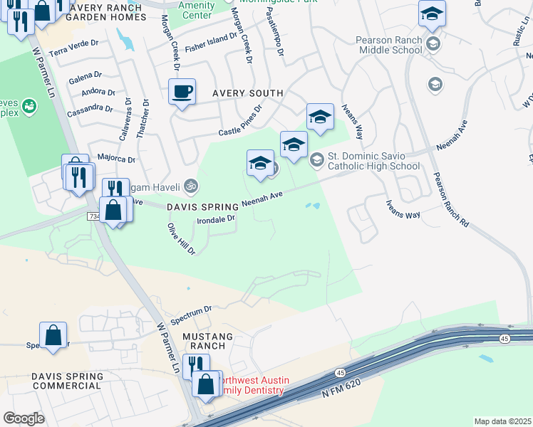 map of restaurants, bars, coffee shops, grocery stores, and more near 14912 Solera Drive in Austin