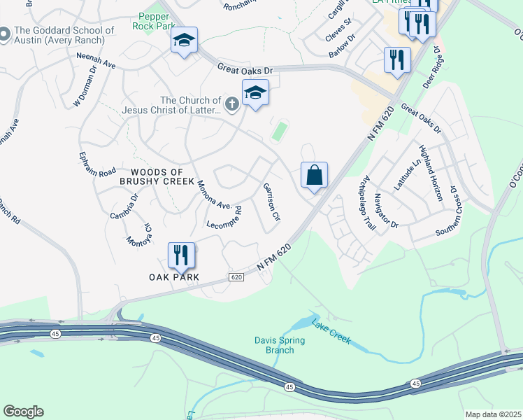 map of restaurants, bars, coffee shops, grocery stores, and more near 15852 Garrison Circle in Austin
