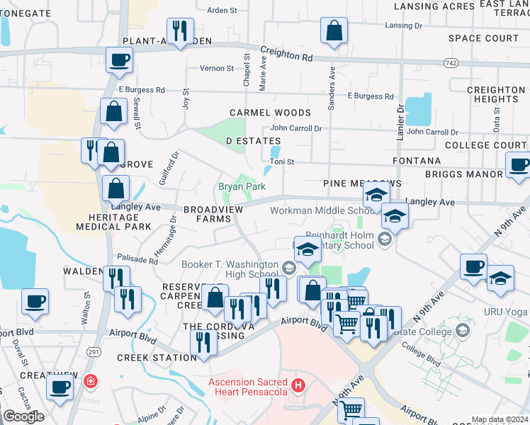 map of restaurants, bars, coffee shops, grocery stores, and more near 1200 Pinnacle Circle in Pensacola