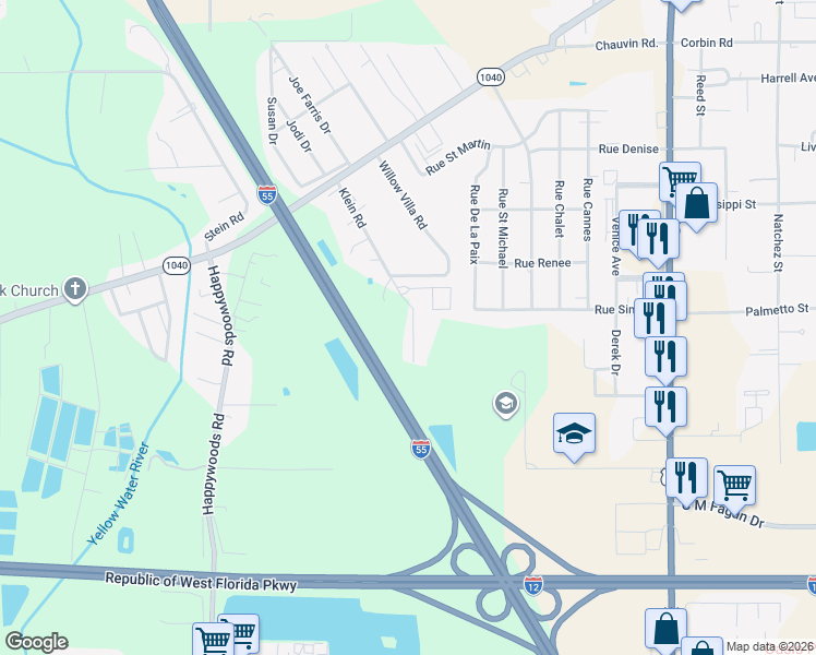 map of restaurants, bars, coffee shops, grocery stores, and more near 43313 Klein Road in Hammond