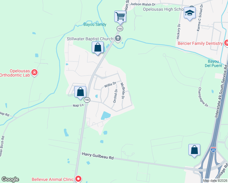 map of restaurants, bars, coffee shops, grocery stores, and more near 100-498 Orchid Dr in Opelousas