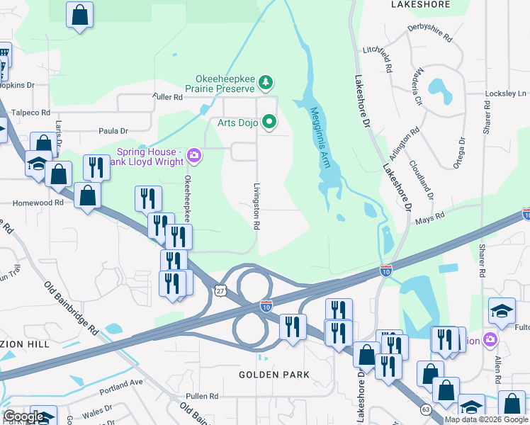 map of restaurants, bars, coffee shops, grocery stores, and more near 3047 Livingston Road in Tallahassee