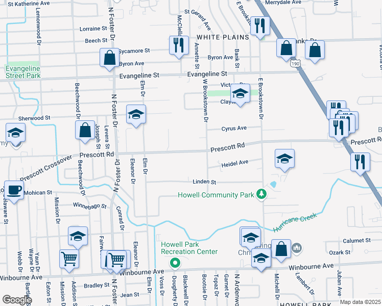 map of restaurants, bars, coffee shops, grocery stores, and more near 5610 Prescott Road in Baton Rouge