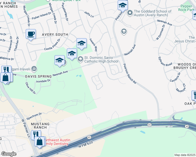 map of restaurants, bars, coffee shops, grocery stores, and more near 9306 McKnight Loop in Austin