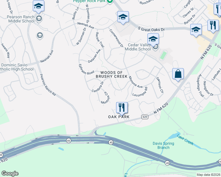 map of restaurants, bars, coffee shops, grocery stores, and more near 15528 Gustine Cove in Austin