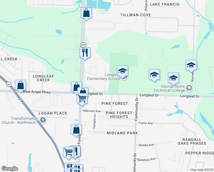 map of restaurants, bars, coffee shops, grocery stores, and more near 7007 Nathan Road in Pensacola