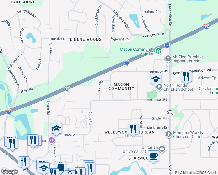 map of restaurants, bars, coffee shops, grocery stores, and more near 3016 Thomas Road in Tallahassee