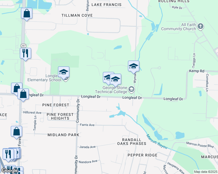 map of restaurants, bars, coffee shops, grocery stores, and more near 2500 Longleaf Drive in Pensacola