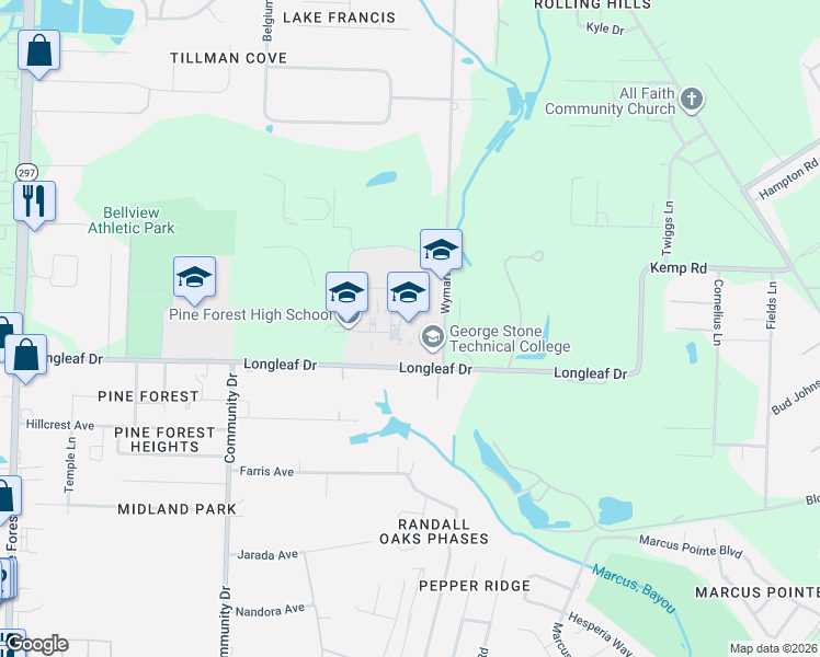 map of restaurants, bars, coffee shops, grocery stores, and more near 2400 Longleaf Drive in Pensacola