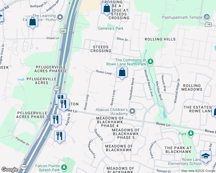 map of restaurants, bars, coffee shops, grocery stores, and more near 2029 Rowe Loop in Pflugerville
