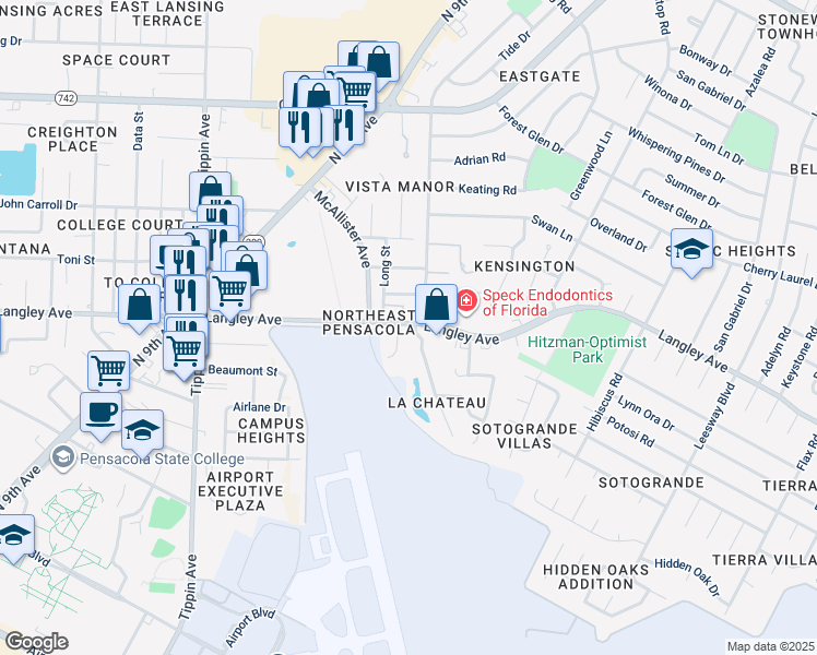 map of restaurants, bars, coffee shops, grocery stores, and more near 2811 Langley Avenue in Pensacola