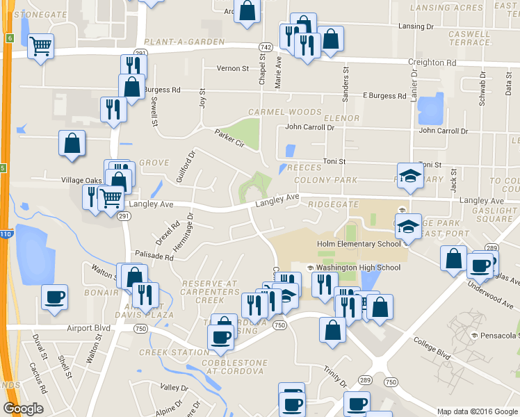 map of restaurants, bars, coffee shops, grocery stores, and more near 1215 Langley Avenue in Pensacola