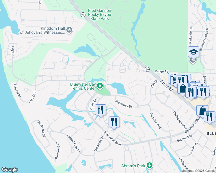 map of restaurants, bars, coffee shops, grocery stores, and more near 206 Southlake Court in Niceville