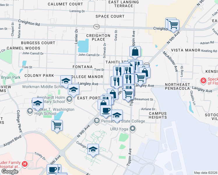 map of restaurants, bars, coffee shops, grocery stores, and more near 2231 Langley Avenue in Pensacola