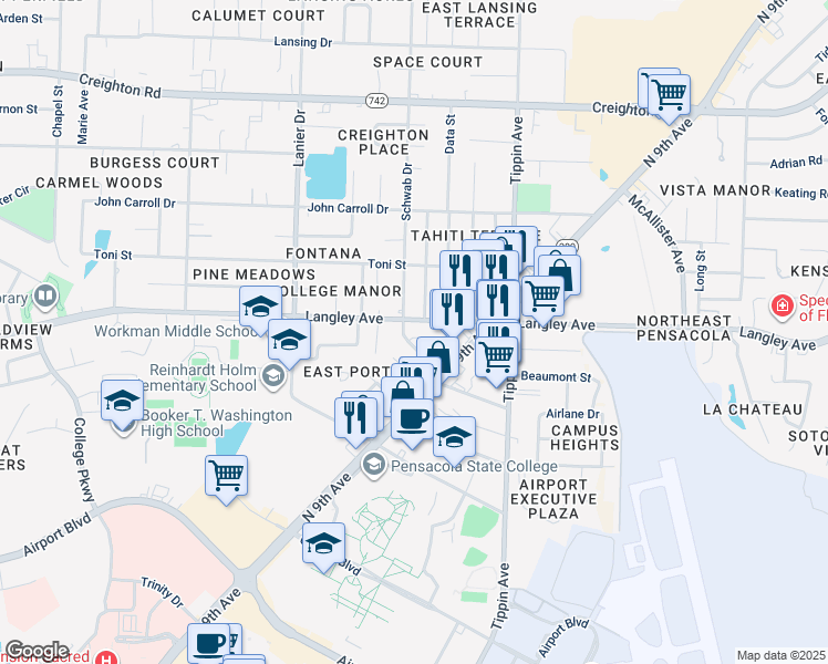 map of restaurants, bars, coffee shops, grocery stores, and more near 6221 Schwab Drive in Pensacola