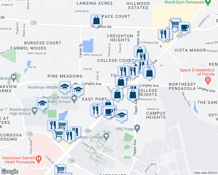 map of restaurants, bars, coffee shops, grocery stores, and more near 6221 Schwab Drive in Pensacola