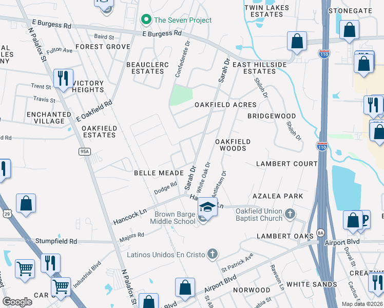 map of restaurants, bars, coffee shops, grocery stores, and more near 5921 Sarah Drive in Pensacola