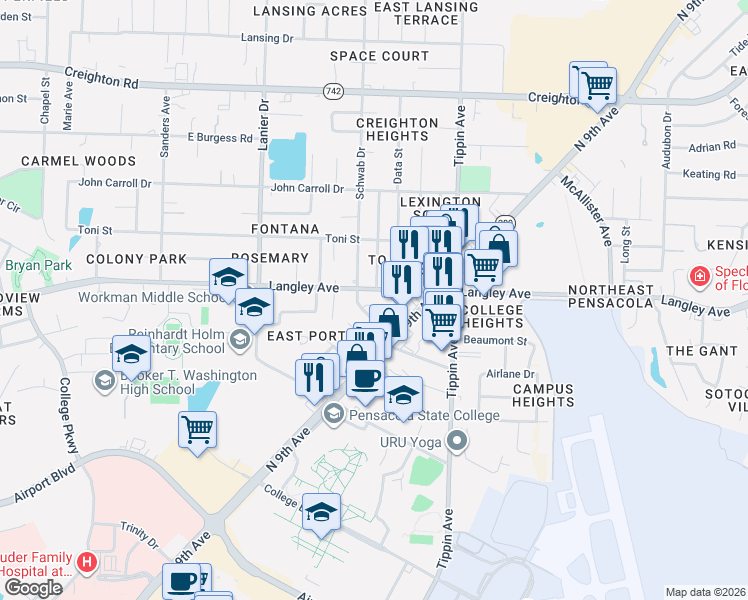 map of restaurants, bars, coffee shops, grocery stores, and more near 2118 Schwab Court in Pensacola