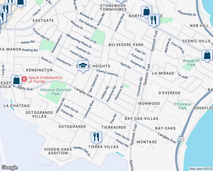 map of restaurants, bars, coffee shops, grocery stores, and more near 5805 Adelyn Road in Pensacola