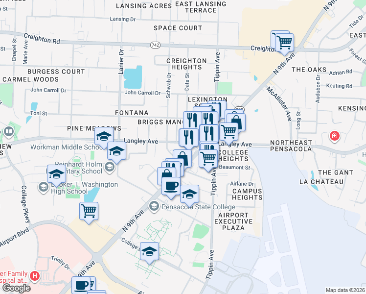 map of restaurants, bars, coffee shops, grocery stores, and more near 2231 Langley Avenue in Pensacola