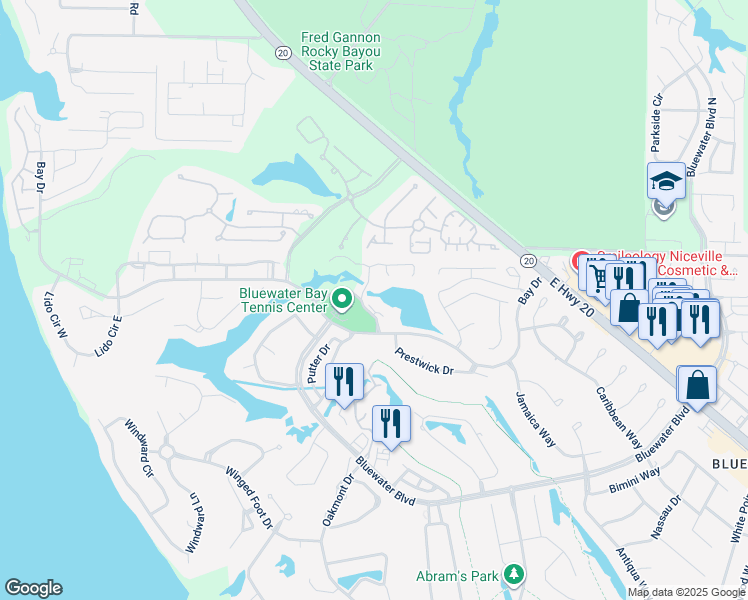 map of restaurants, bars, coffee shops, grocery stores, and more near 302 Southlake Court in Niceville