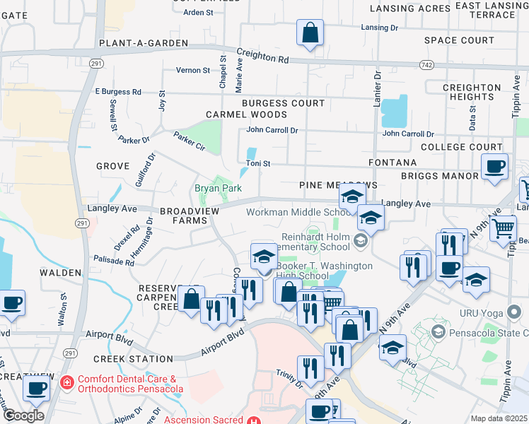 map of restaurants, bars, coffee shops, grocery stores, and more near 1285 Pinnacle Circle in Pensacola