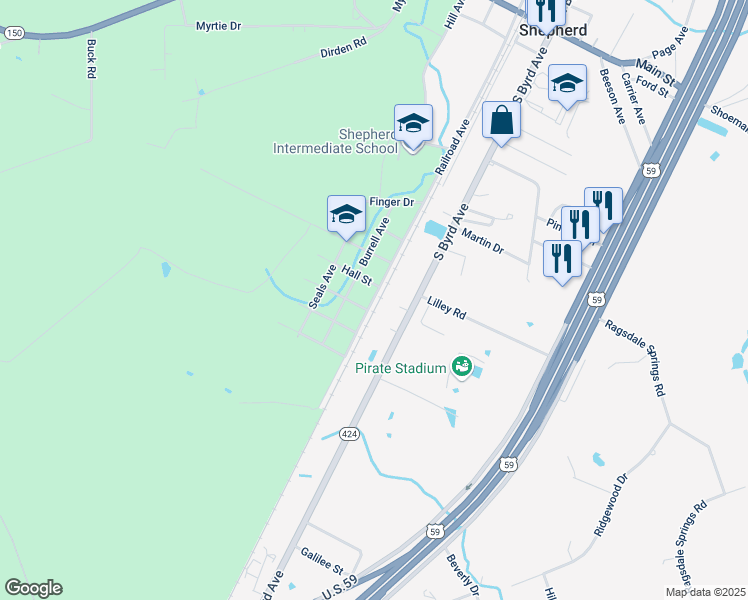 map of restaurants, bars, coffee shops, grocery stores, and more near 810 Railroad Avenue in Shepherd