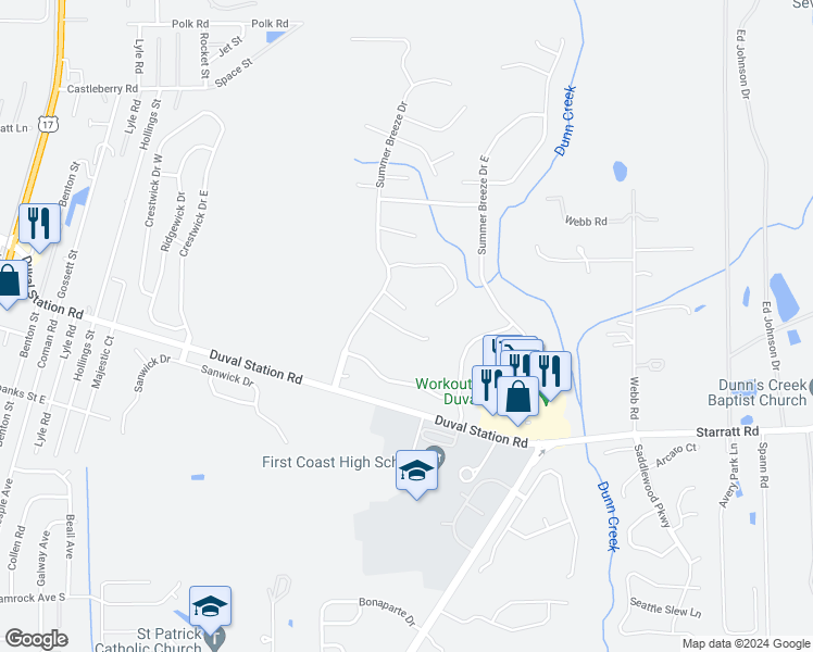 map of restaurants, bars, coffee shops, grocery stores, and more near 573 Misty Morning Court in Jacksonville