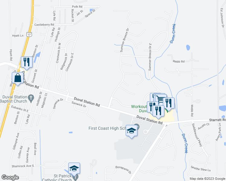 map of restaurants, bars, coffee shops, grocery stores, and more near 13958 Summer Breeze Drive in Jacksonville
