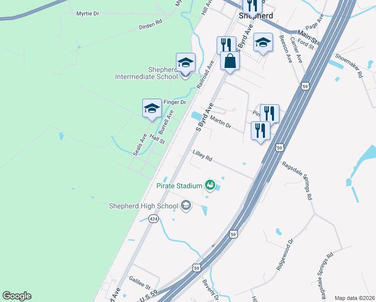 map of restaurants, bars, coffee shops, grocery stores, and more near 300 Lilley Road in Shepherd