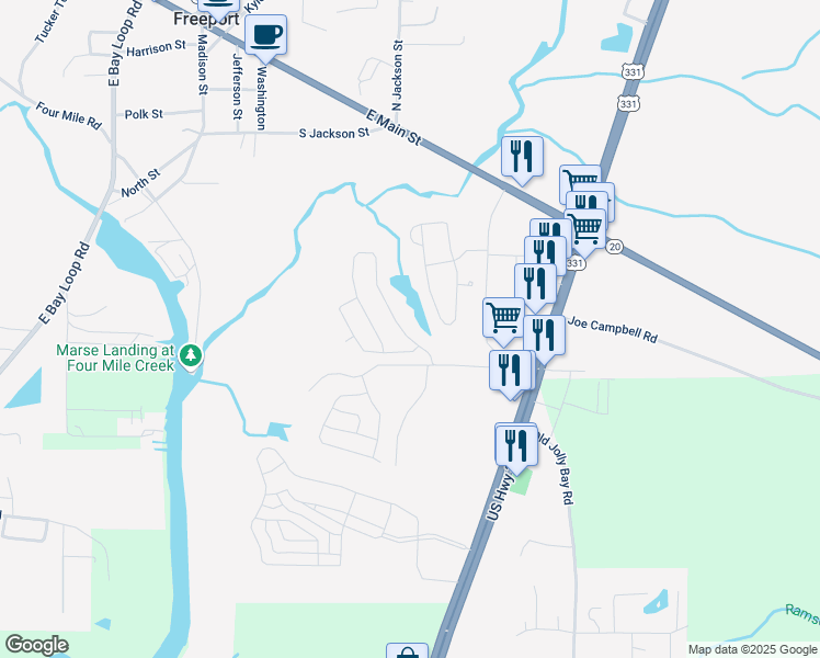 map of restaurants, bars, coffee shops, grocery stores, and more near 823 Marquis Way in Freeport