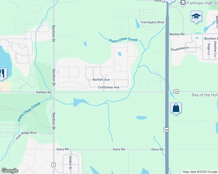 map of restaurants, bars, coffee shops, grocery stores, and more near 386 Craftsman Avenue in Fairhope