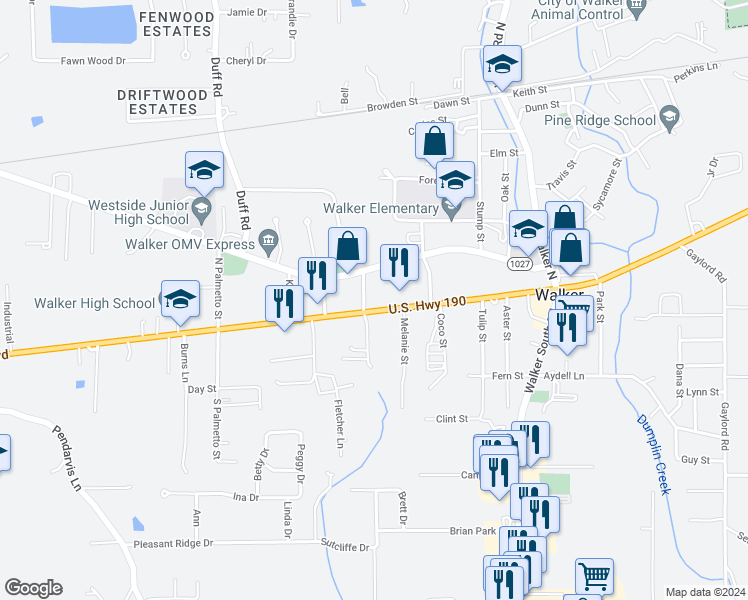map of restaurants, bars, coffee shops, grocery stores, and more near 9949 Florida Boulevard in Walker