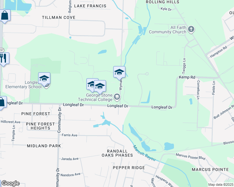 map of restaurants, bars, coffee shops, grocery stores, and more near 2400 Longleaf Drive in Pensacola
