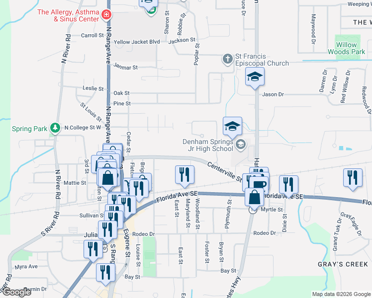 map of restaurants, bars, coffee shops, grocery stores, and more near 451 Centerville Street Northeast in Denham Springs