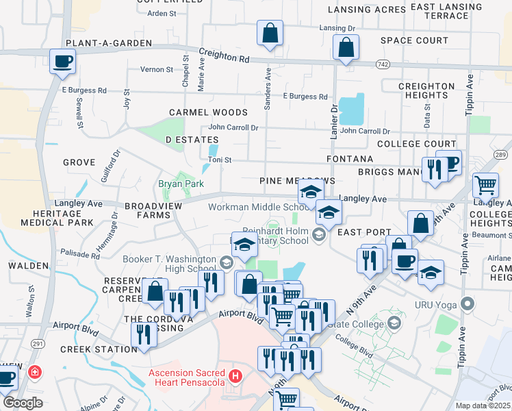map of restaurants, bars, coffee shops, grocery stores, and more near 6272 Ridgegate Circle in Pensacola