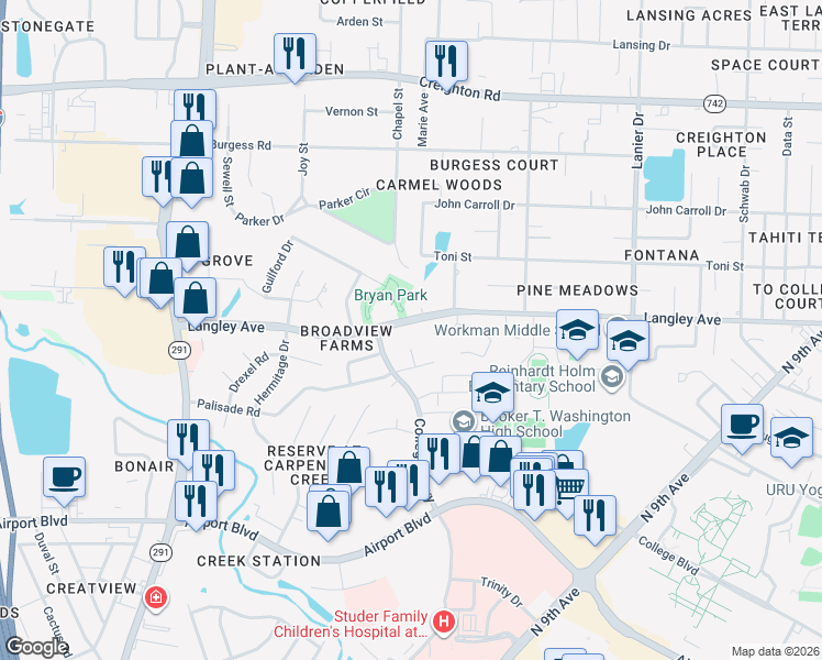 map of restaurants, bars, coffee shops, grocery stores, and more near 1215 Langley Avenue in Pensacola