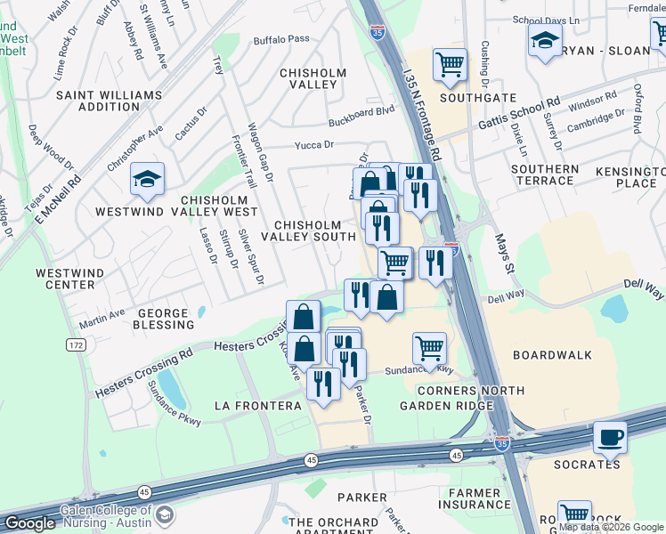map of restaurants, bars, coffee shops, grocery stores, and more near 2330 Dry Creek Drive in Round Rock