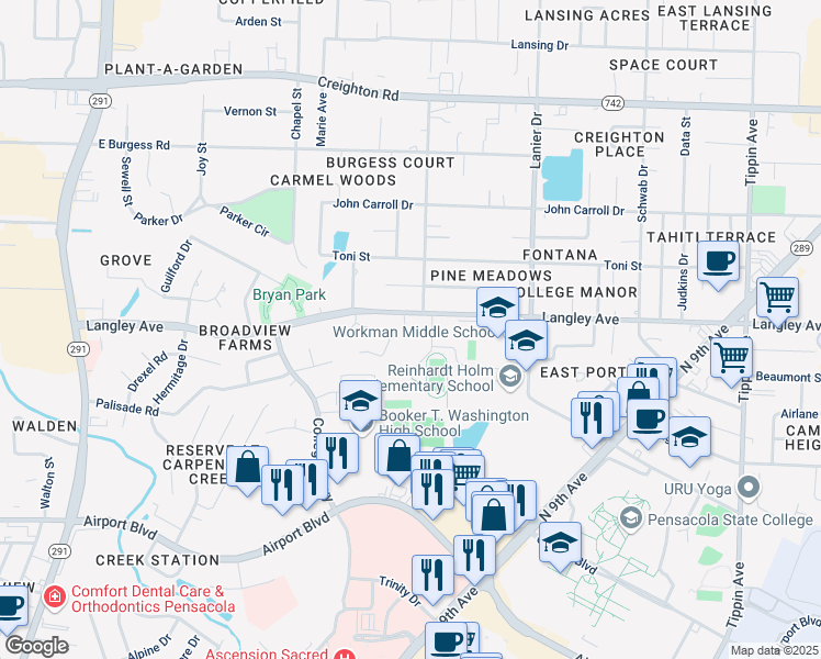 map of restaurants, bars, coffee shops, grocery stores, and more near 6272 Ridgegate Circle in Pensacola
