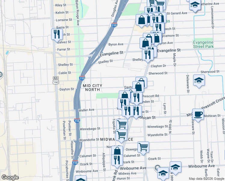 map of restaurants, bars, coffee shops, grocery stores, and more near 2840 Dayton Street in Baton Rouge